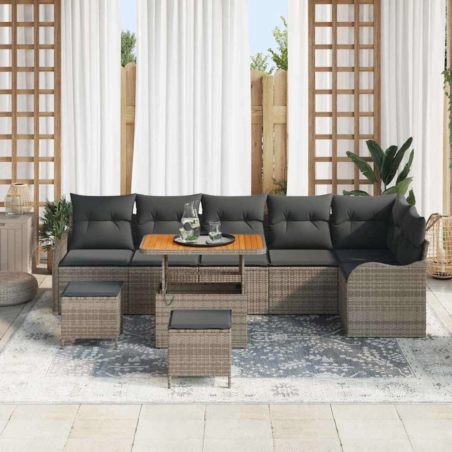 Graues 9-teiliges vidaXL Garten-Sofa-Set aus Poly Rattan mit höhenverstellbarem Tisch.