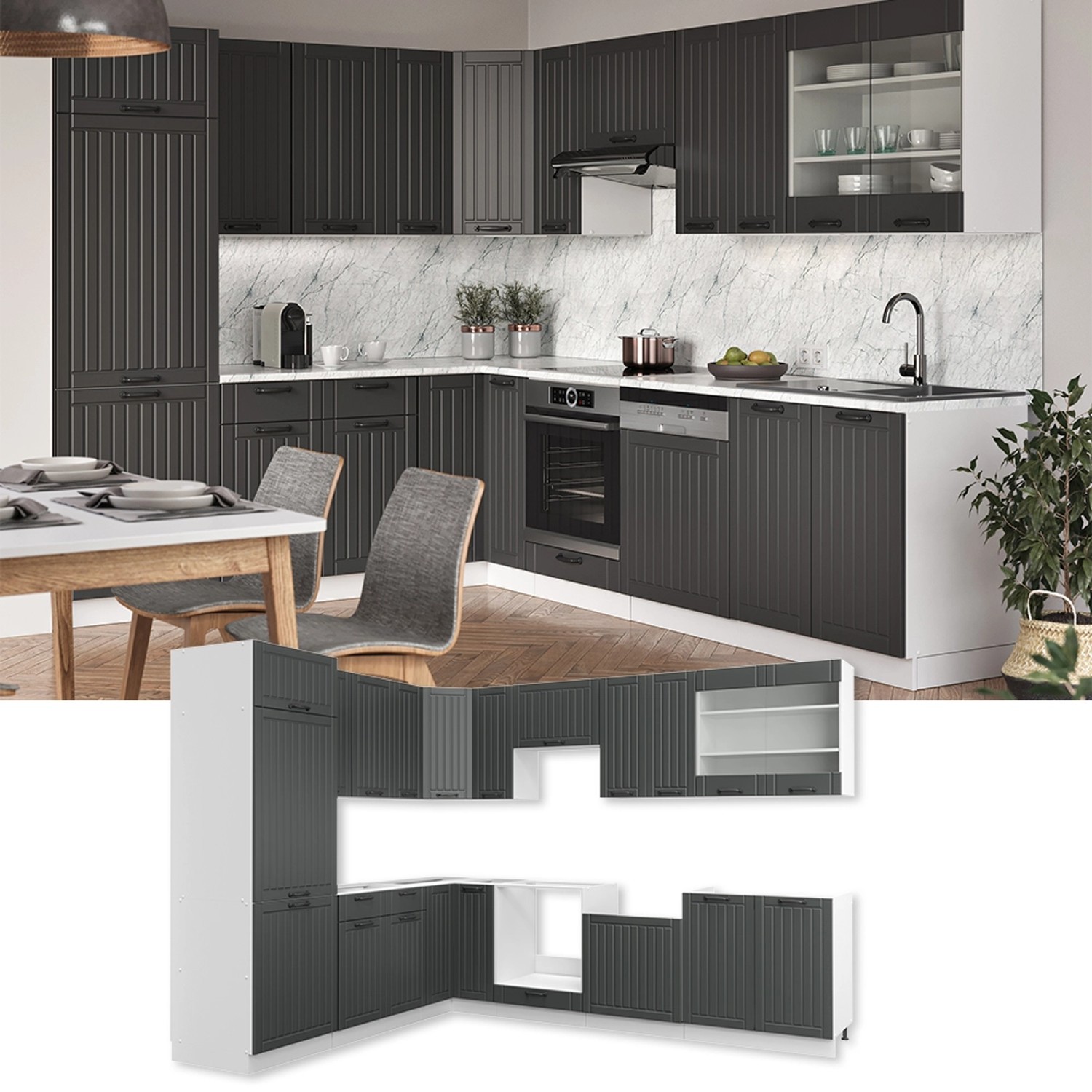 Vicco Eckküche Fame-Line in Anthrazit/Weiß mit Eiche Arbeitsplatte, Landhausstil. Küchenzeile in L-Form.