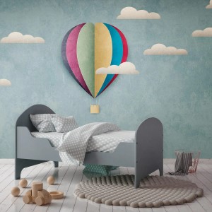 Fototapete Kinderzimmer mit Heißluftballon (blau, weiß, rot, lila).