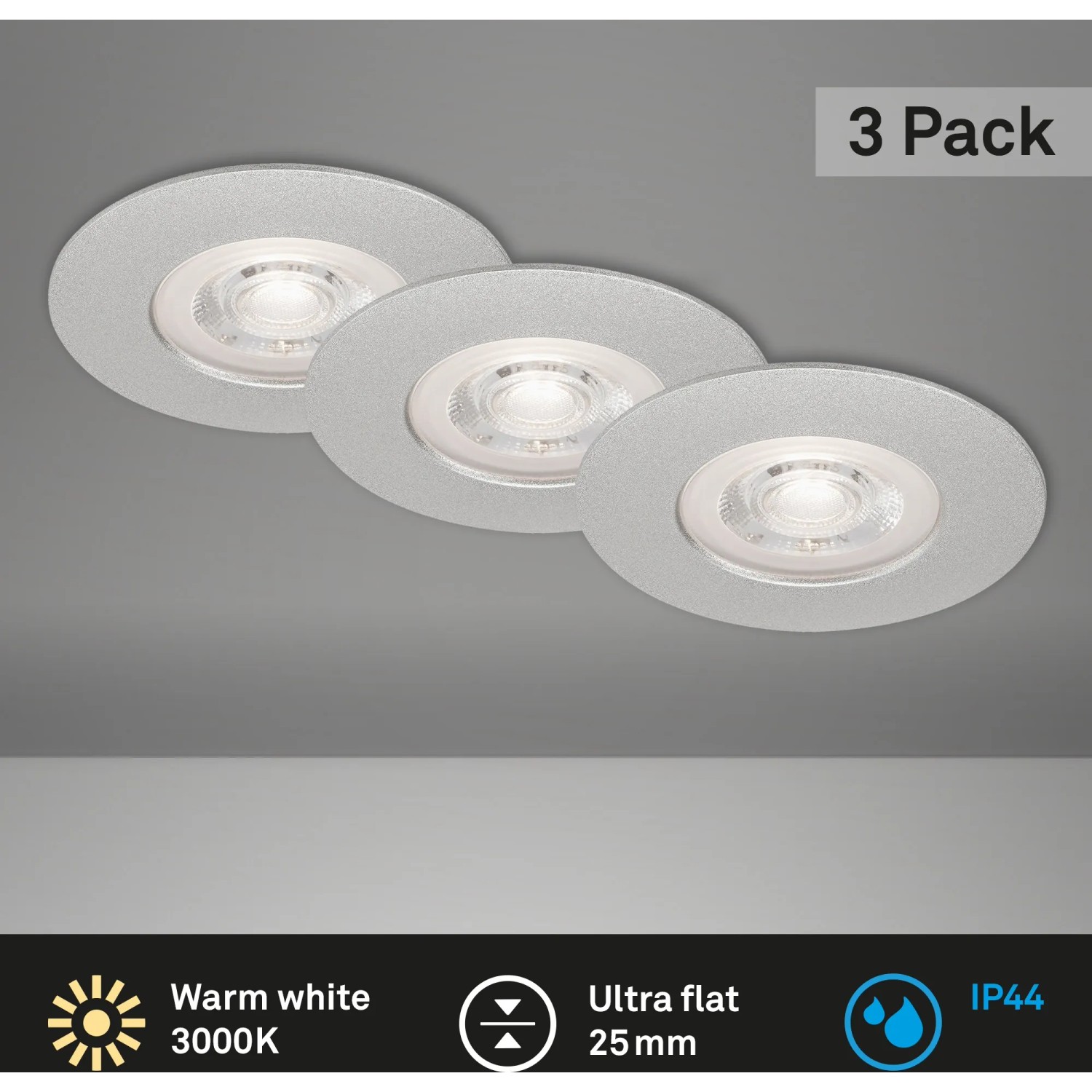 Brilo LED-Einbauleuchte Kulana 3er-Set, chrom-matt, warmweiß. Einbaustrahler für Bad & Wohnraum.