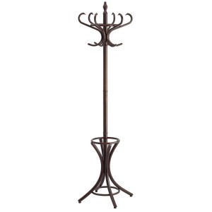 Freistehender, brauner Holz-Garderobenständer mit 12 Haken und Regenschirmständer.