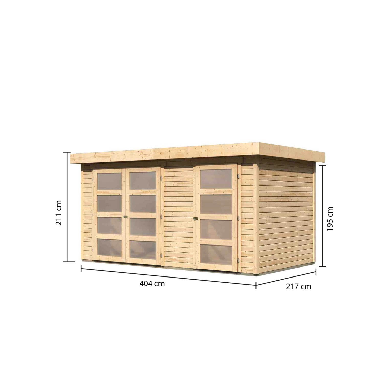 Karibu Holz-Gartenhaus Nürnberg Natur, 400x213 cm, mit zwei Doppeltüren und Maßangaben.