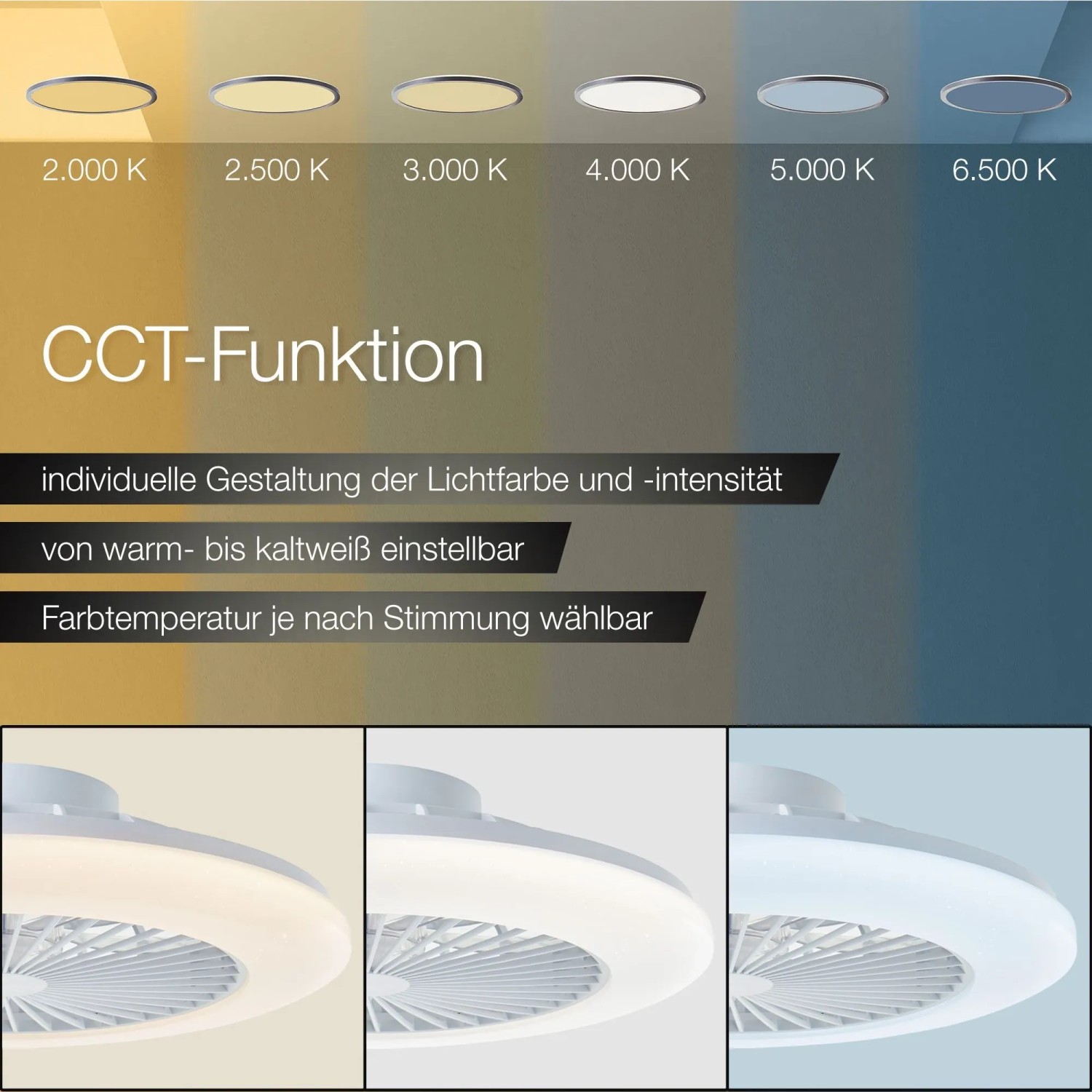 LED-Deckenleuchte Salerno mit CCT-Funktion: Farbtemperatur von warm- bis kaltweiß einstellbar.