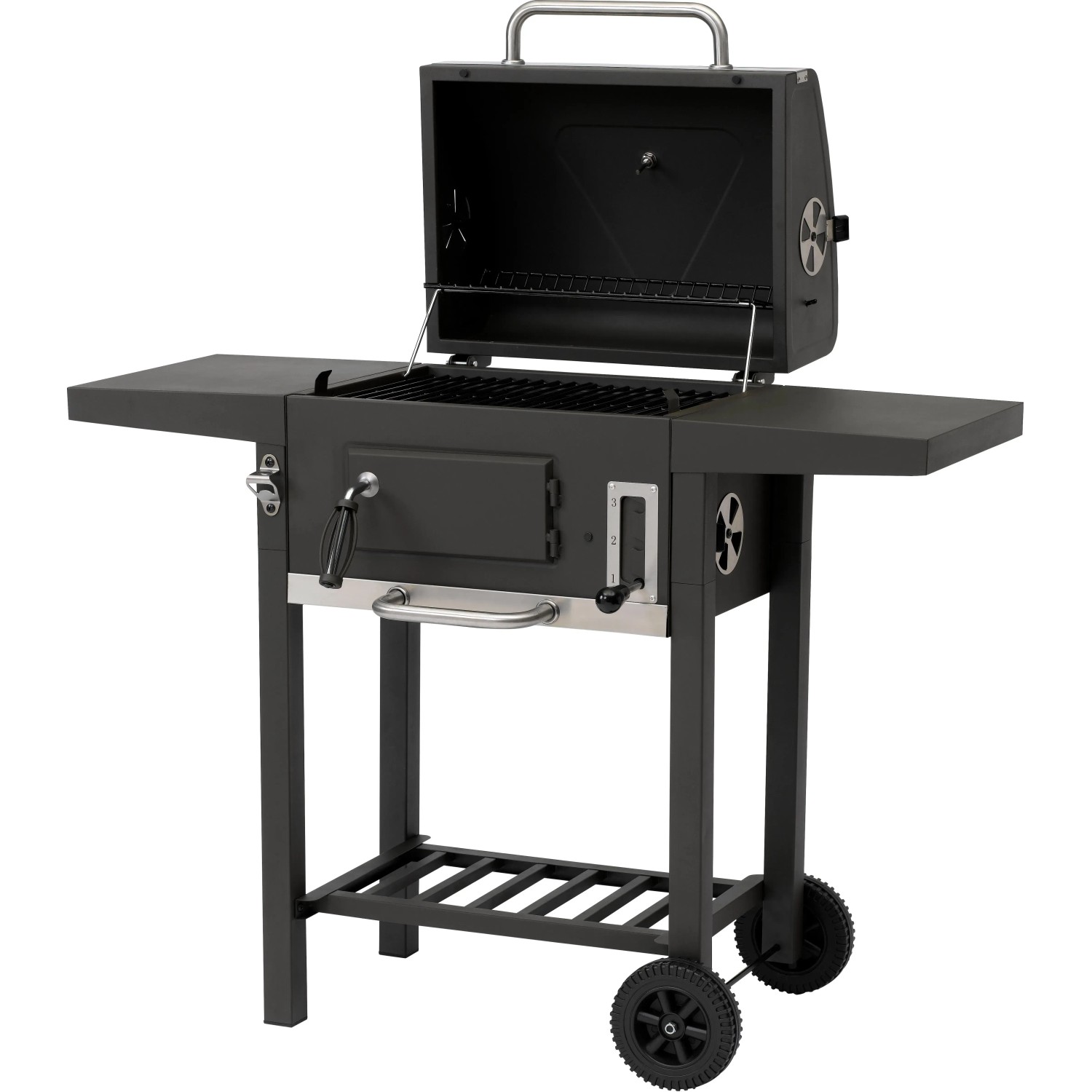 Tepro Toronto Holzkohlegrill Kompakt in Anthrazit-Edelstahl mit offenem Deckel und Ablageflächen.
