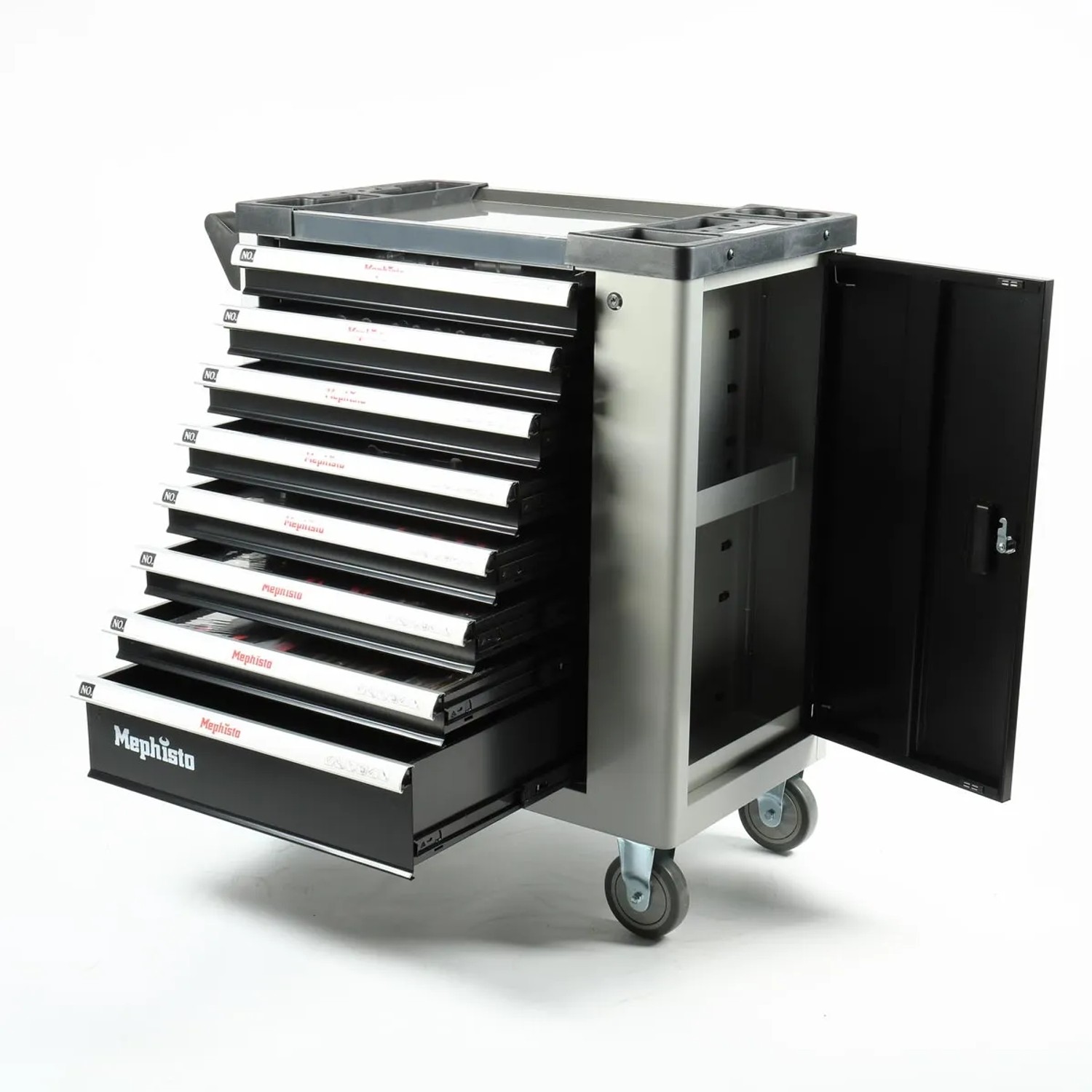 Mephisto Werkzeugwagen mit 8 Schubladen, Ringschlüssel-Set, Werkstattwagen mit offener Schublade und Tür.