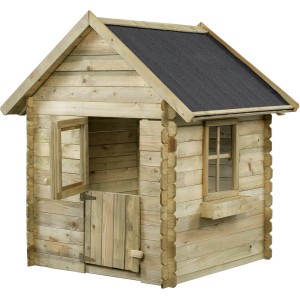 SwingKing Spielhaus Davey aus imprägniertem Holz mit Tür, Fenster und Dachpappe.