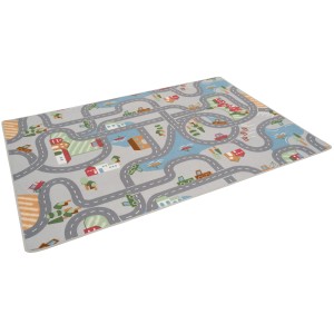 Grauer Kinder Straßenteppich (80x200cm) mit Straßen, Häusern und Autos für fantasievolles Spielen.