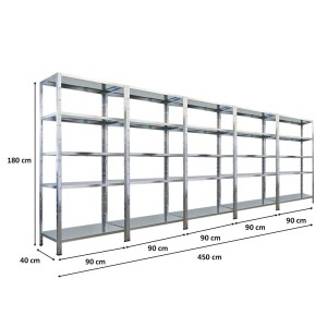 Fünf verzinkte PROREGAL Ares Schwerlastregale 180x90x40cm mit je 5 Böden, nebeneinander aufgestellt. Ideal für Werkstatt & Garage.