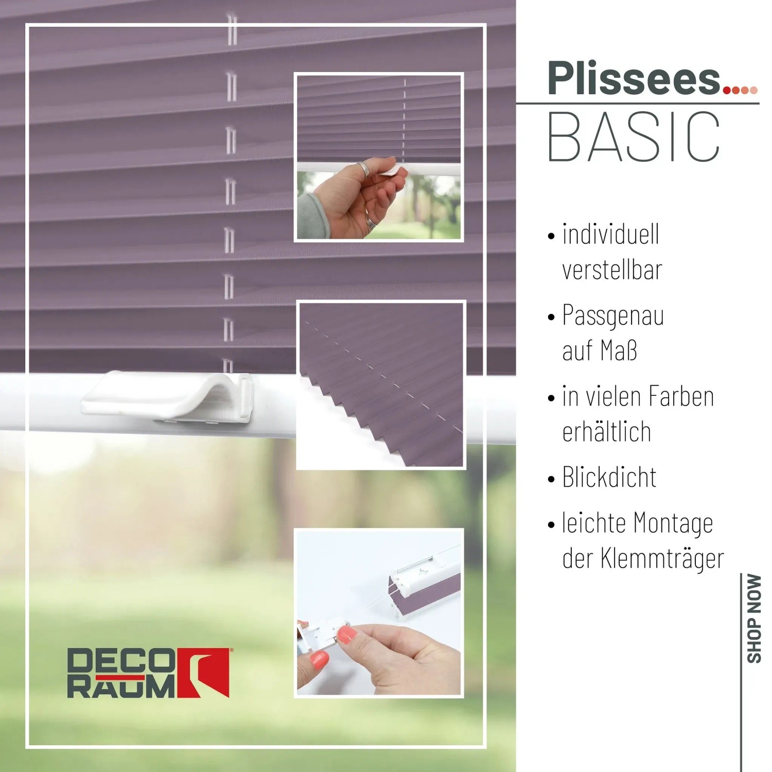 Fliederfarbenes Plissee 90x210 cm, blickdicht, ohne Bohren mit Klemmfix-System.