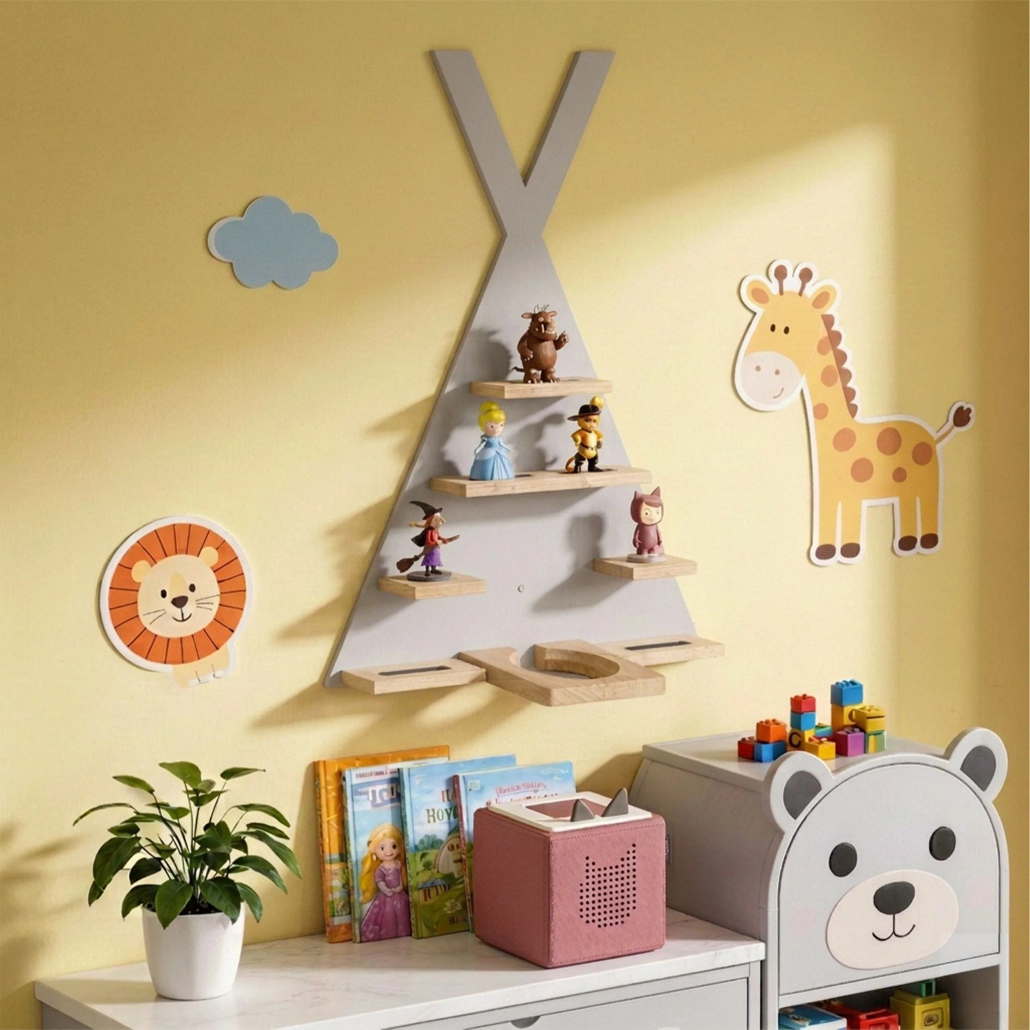 Relaxdays Toniebox Regal MDF Kiefernholz Grau mit Magnetstreifen 69 x 49 x 9 cm 2,3 kg