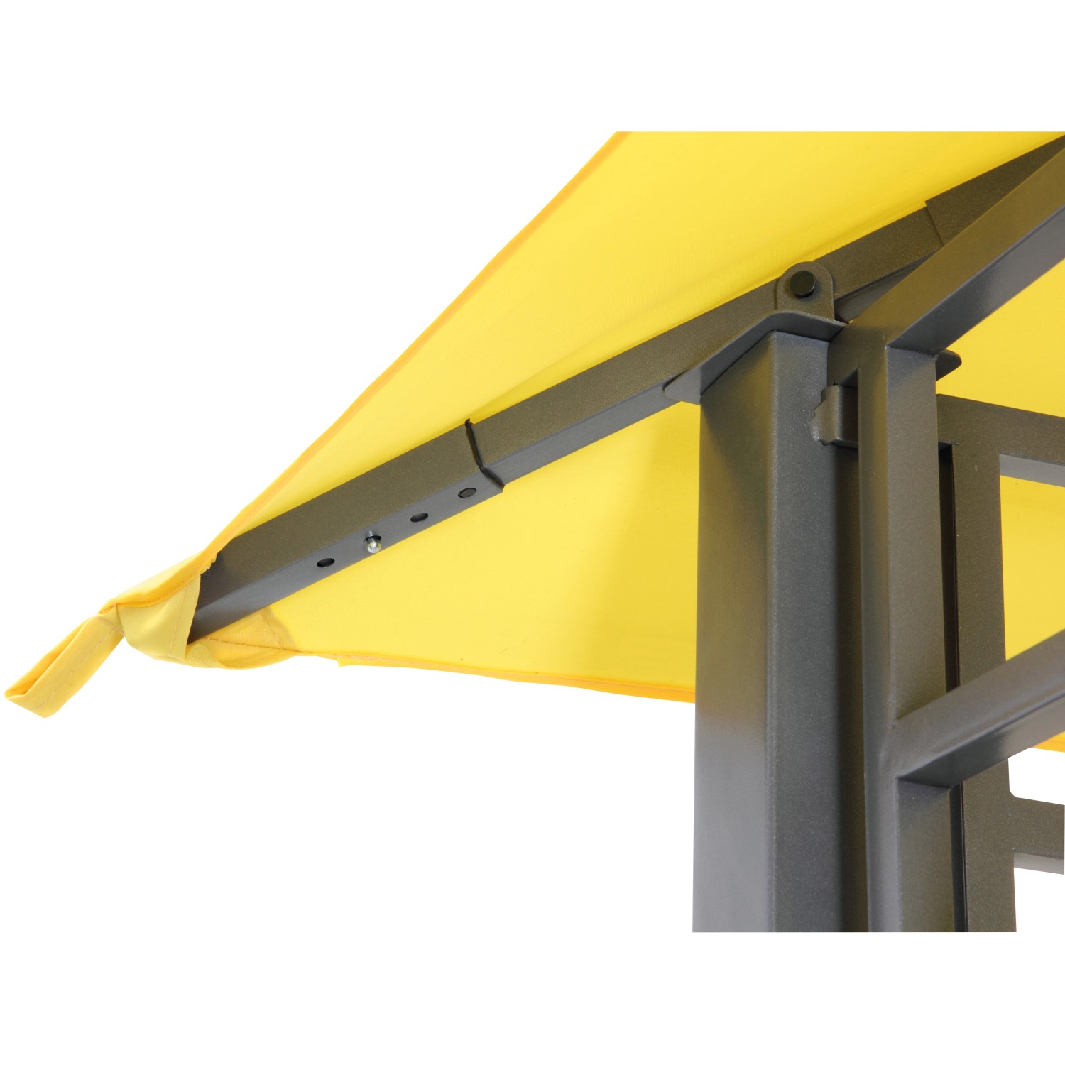 Detailansicht des gelben tepro Pavillon Lehua (330x330 cm) mit Fokus auf Dach und Rahmen.