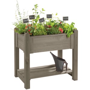 Graues Wilk Kräuter-Hochbeet Basic mit Bepflanzung und Ablage für Gartengeräte.