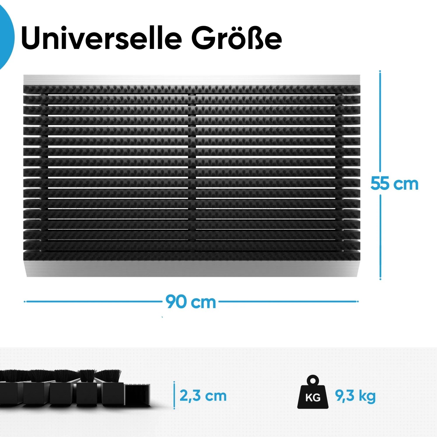 Schwarze Björn&Schiller Fußmatte mit Alu-Rahmen und Bürsten, 55x90 cm, für den Außenbereich.