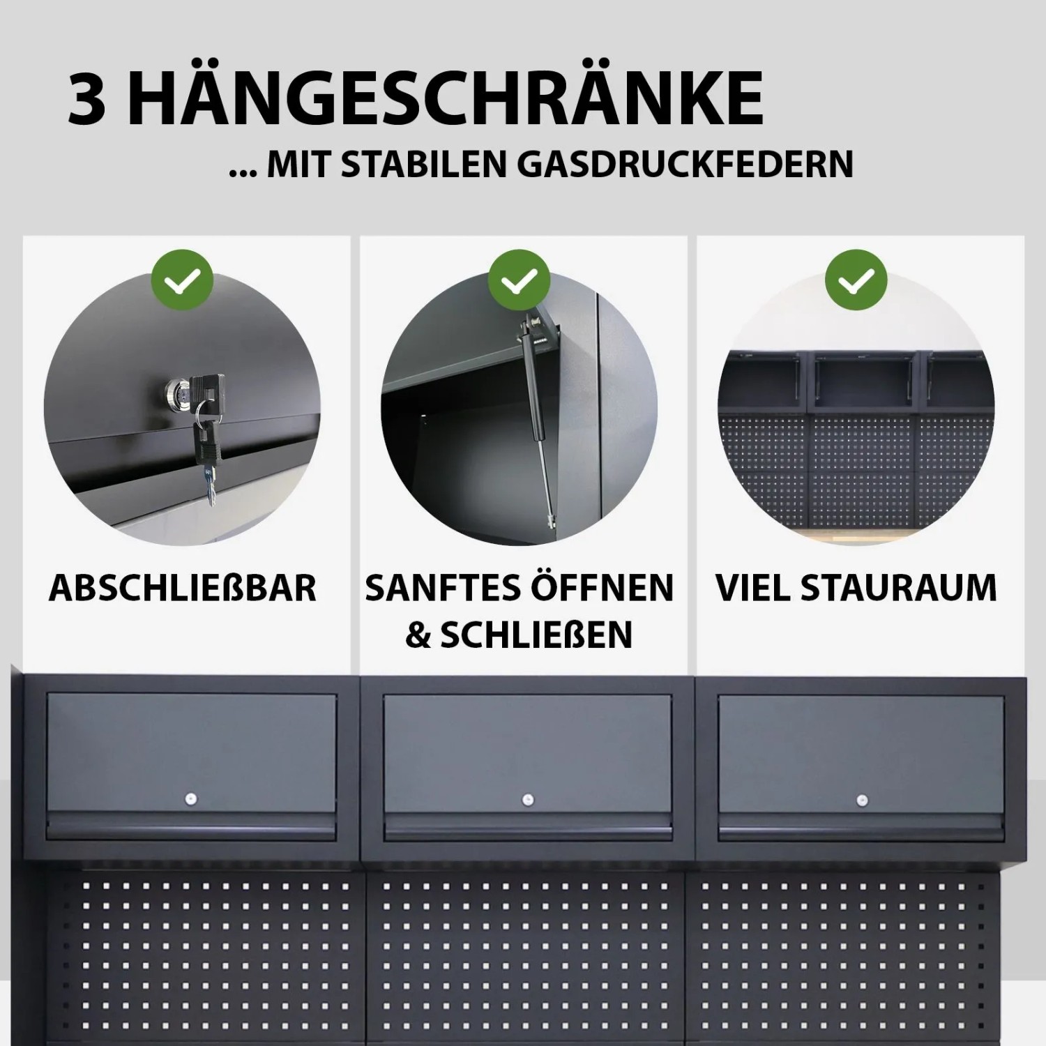 Detailaufnahme der TRUTZHOLM Werkstattwand: Hängeschränke mit Gasdruckfedern, abschließbar, viel Stauraum.