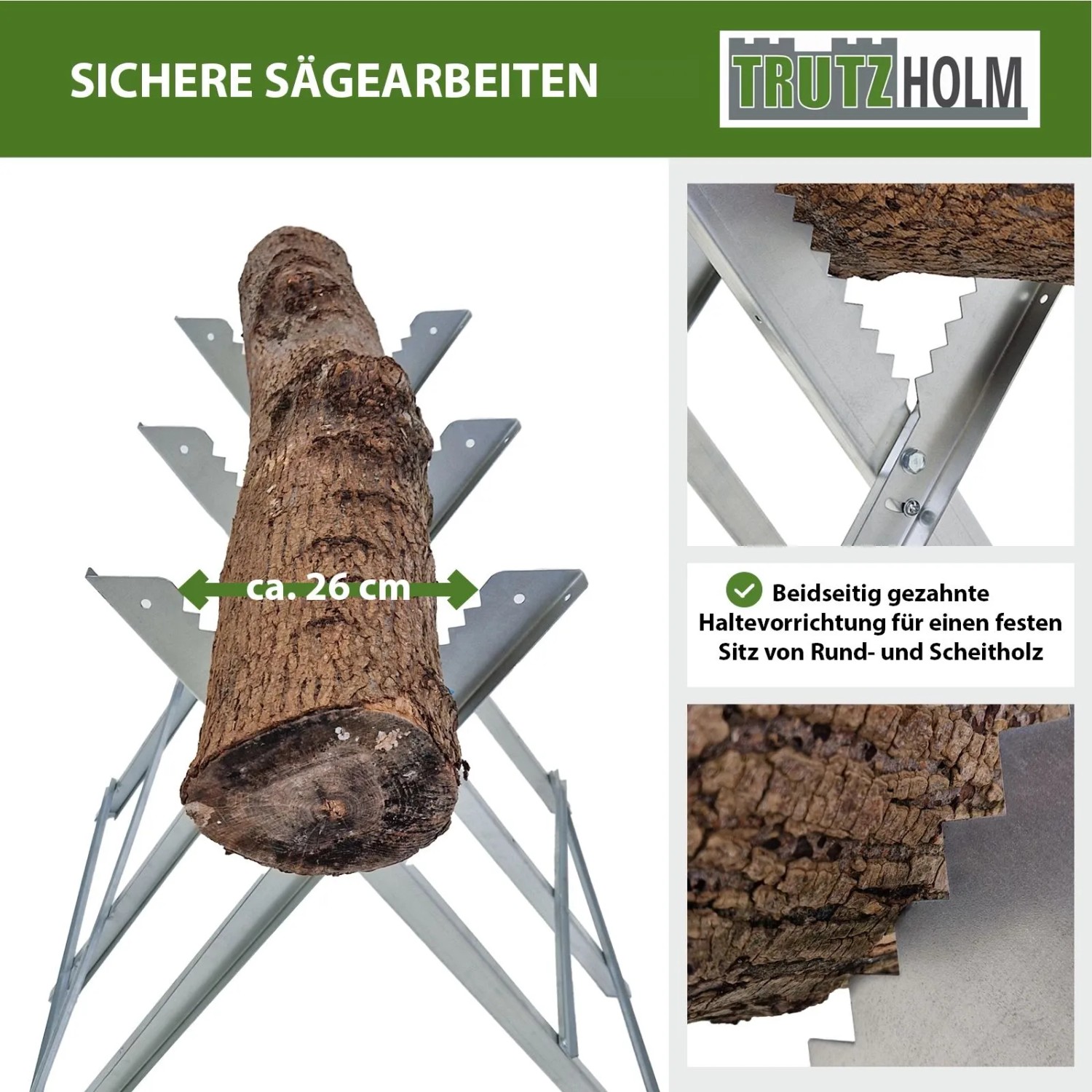 TRUTZHOLM Holzsägebock aus verzinktem Stahl mit Holzstamm. Klappbarer Sägebock für Gartenhandgeräte.
