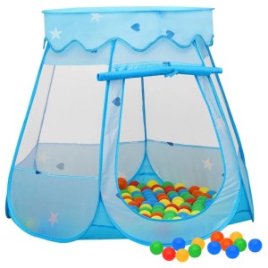 Blaues Kinder-Spielzelt mit bunten Bällen, geeignet für Camping & Freizeit.