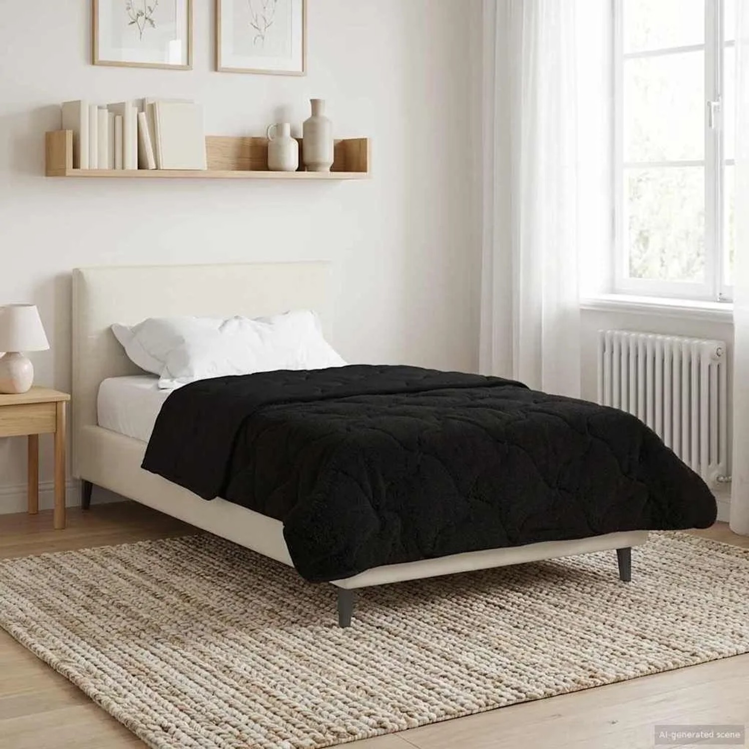 Schwarze vidaXL Sommerdecke (140x200 cm) aus Mikrofaser und Teddy-Fleece auf einem Bett.