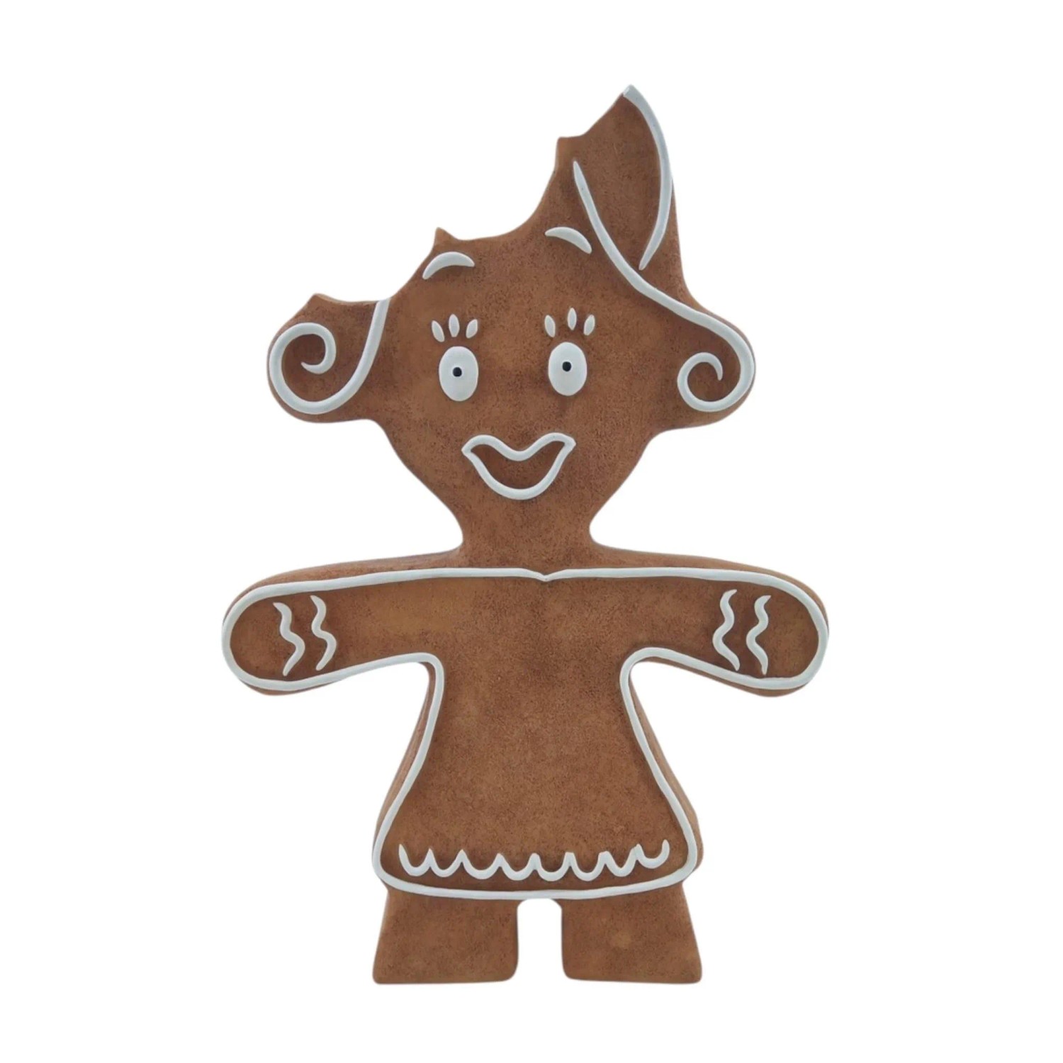 Dekofigur Pfefferkuchenfrau, angebissen, braun mit weißer Glasur, 21 cm. Aus Polyresin für Weihnachten.