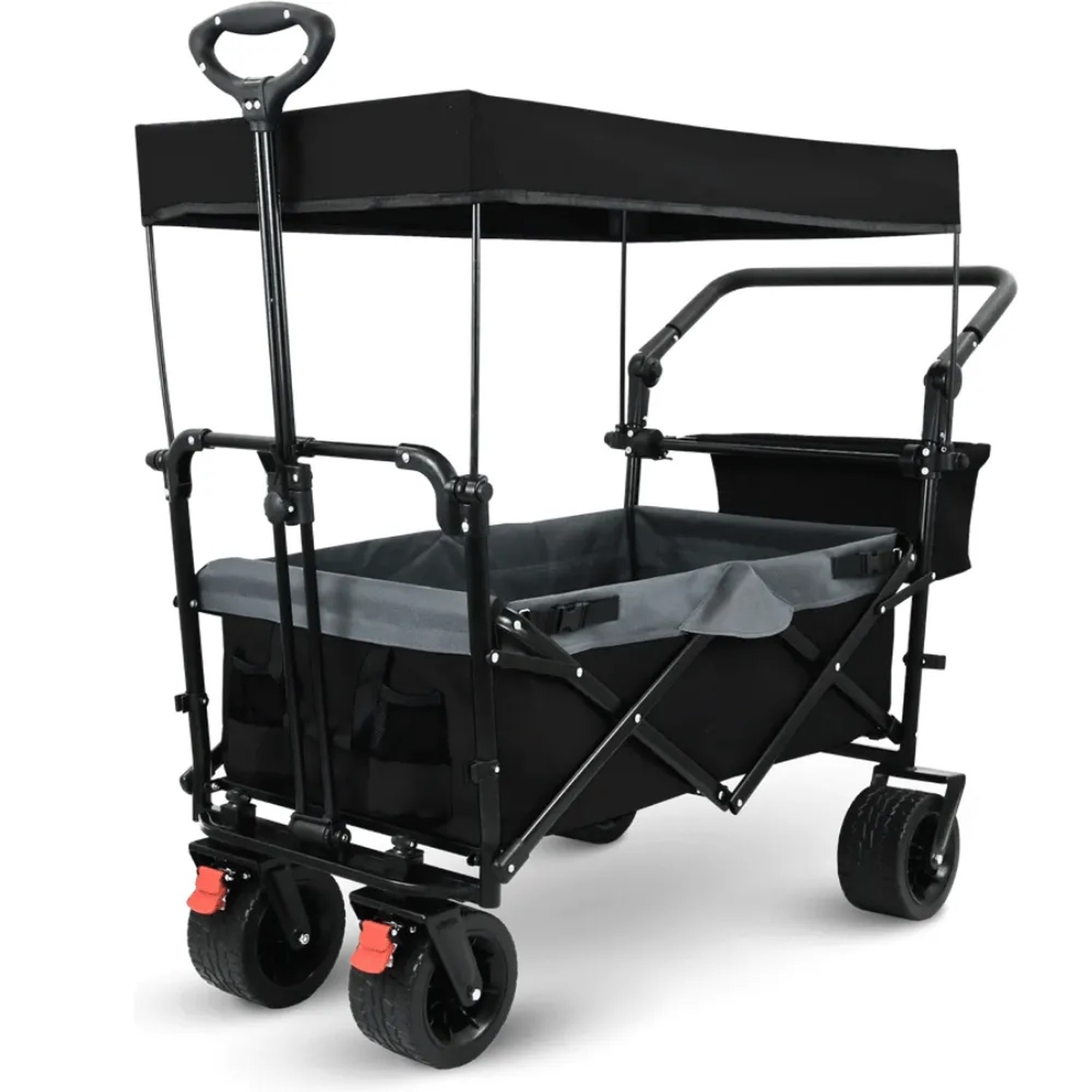 DELUKE Bollerwagen Faltbar mit Dach KILI Extra Breite Reifen Handwagen Transportwagen Belastbar bis 120kg Feststellbremsen Schwarz