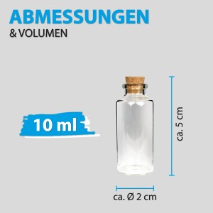 Bestlivings Glasfläschchen mit Korken, 10ml, Abmessungen und Volumen.