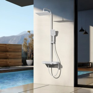 Weißes Emke Duschsystem mit Thermostat, Glasablage, Hand- und Regendusche (3 Strahlarten).