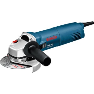 Bosch Professional GWS 1000 Winkelschleifer im Karton, blau, mit Schleifscheibe und Zusatzhandgriff.