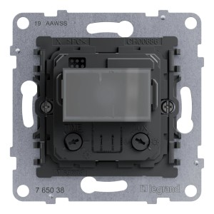 Legrand Bewegungsmelder Seano, Unterputz-Montage, Rückansicht mit Einstellschrauben für Zeit und Lux.