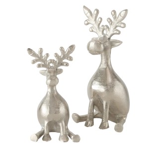 Boltze Deko-Figuren Tarnow, 2er Set, silberne Hirsche aus Aluminium, sitzend.