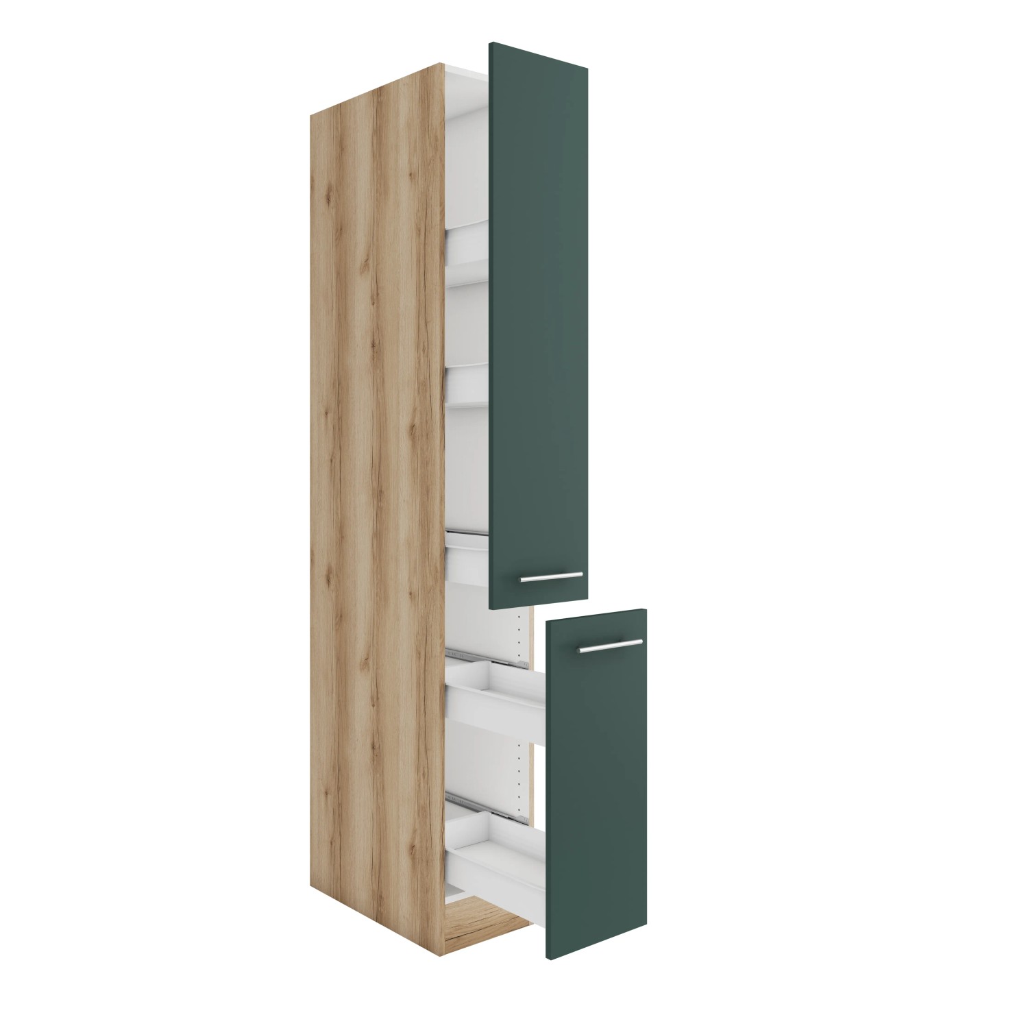 OPTIFIT Savona405 Apothekerschrank, 30 cm, Steingrün/Wildeiche, mit Auszügen und Metallschubkästen.