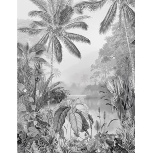 Komar Vlies Fototapete Lac Tropical Black & White, 200x280 cm, mit tropischem Schwarz-Weiß-Dschungel Motiv.