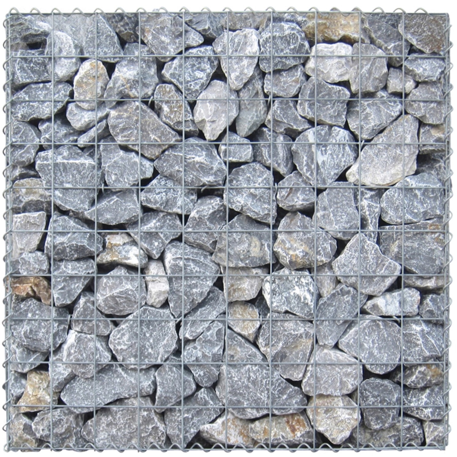 Gabiona Kalkstein 80-150mm, hellgraue Ziersteine im Drahtkorb.