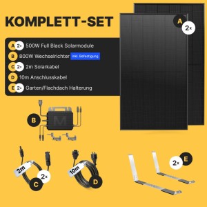 Solakon Balkonkraftwerk Komplettset: 2 schwarze Solarmodule, 800W Wechselrichter, Kabel, Garten-/Flachdachhalterung.