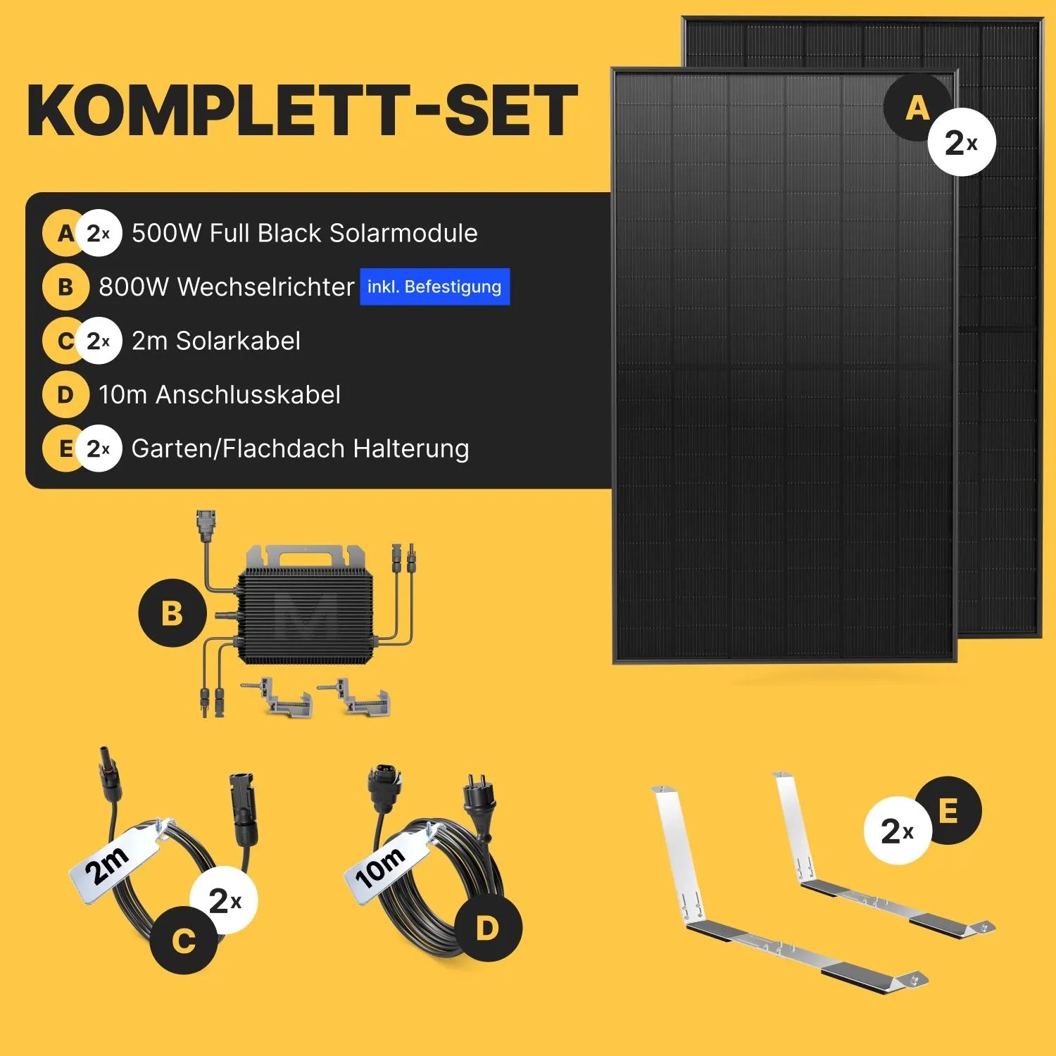 Solakon Balkonkraftwerk Komplettset: 2 schwarze Solarmodule, 800W Wechselrichter, Kabel, Garten-/Flachdachhalterung.
