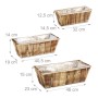 Drei rechteckige, braune Holz-Blumenkästen im Set, mit Folie ausgekleidet und Maßen. Rustikaler Vintage-Stil.