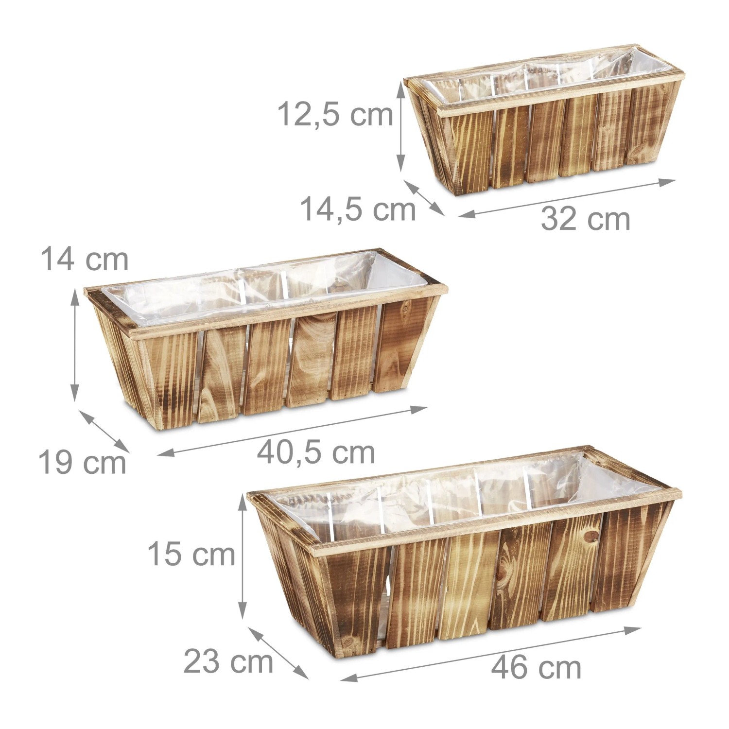 Drei rechteckige, braune Holz-Blumenkästen im Set, mit Folie ausgekleidet und Maßen. Rustikaler Vintage-Stil.