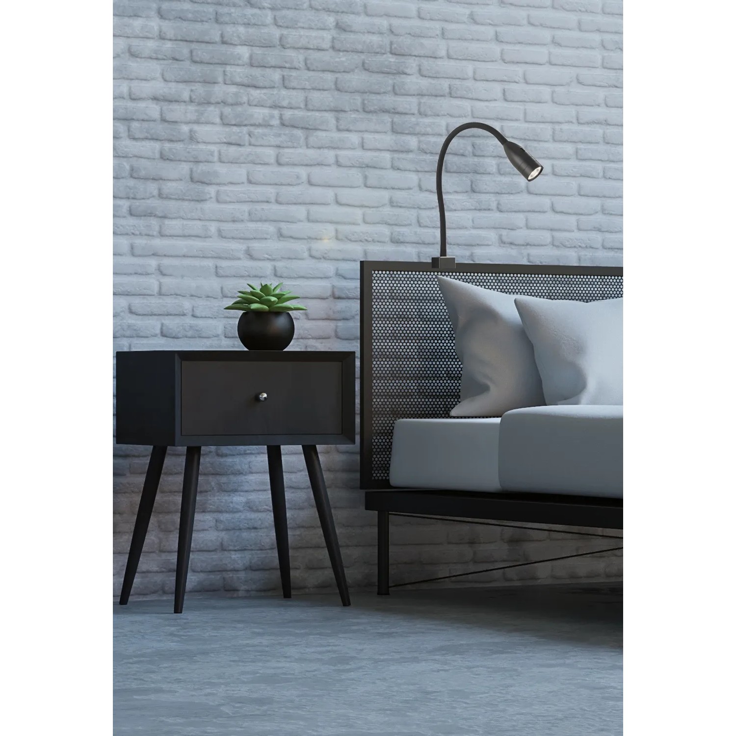 Schwarze LED-Wandlampe Fischer & Honsel Sten, flexibel am Bett montiert.