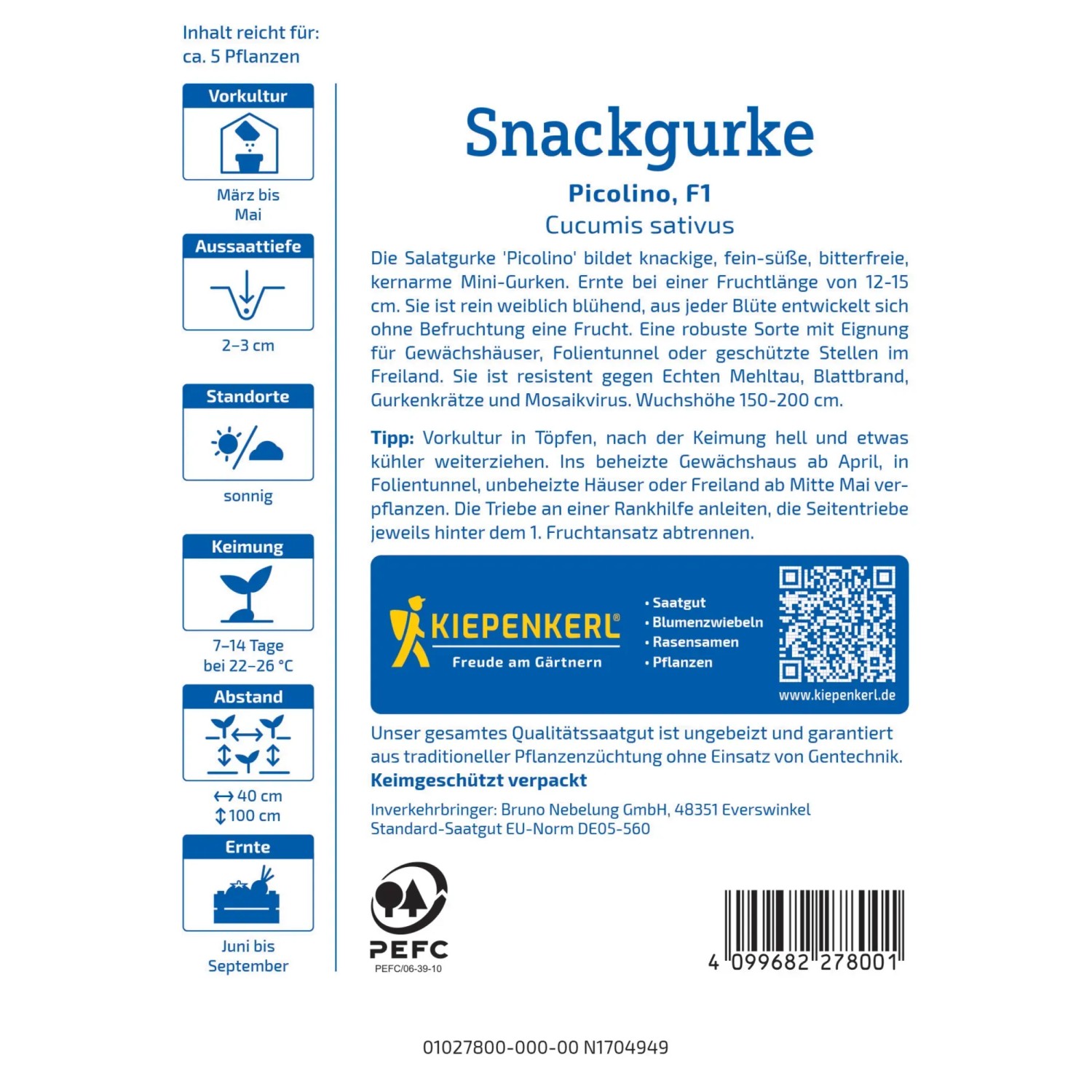 Kiepenkerl Profi-Line Saatgut Gurke Picolino, Snackgurke für Gewächshaus und Freiland.