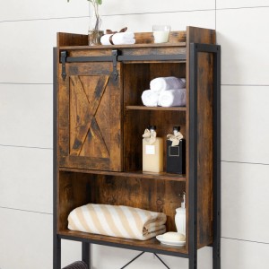 Songmics Badregal Daxton, braun-schwarz, mit 3 Fächern und Schrank für Badutensilien.