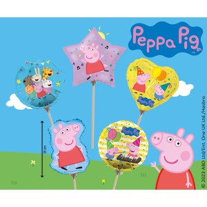 Mehrfarbige Peppa Pig Mini Folienballons, 5-fach sortiert, an Halterungen.