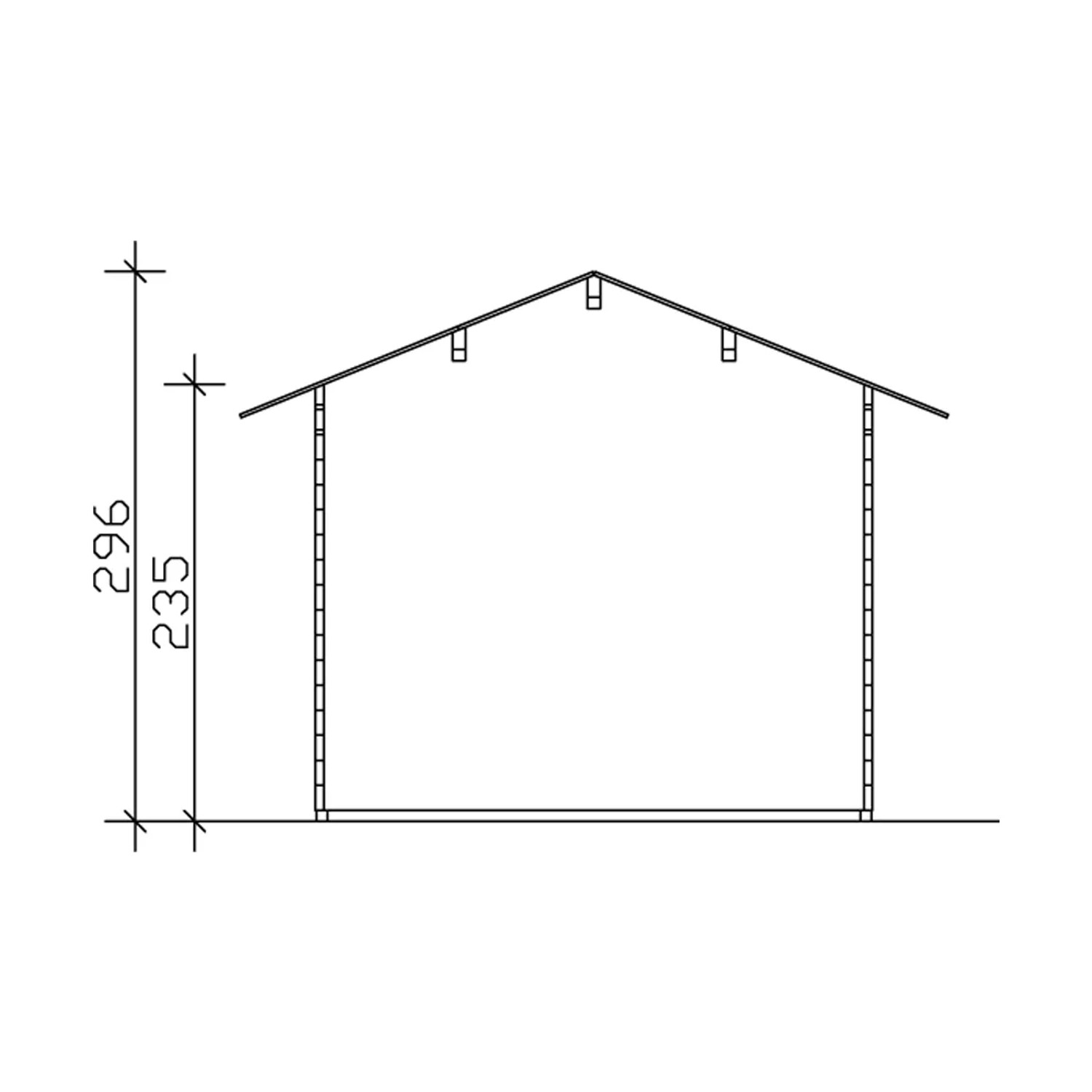 Skan Holz Gartenhaus Lugano 1 DS: Schemazeichnung mit Maßen (Höhe 296 cm, Wandhöhe 235 cm).