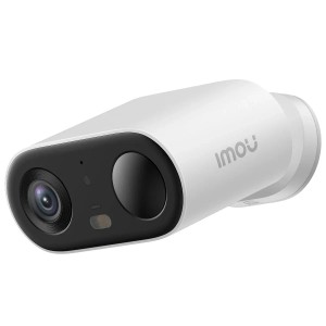 Weiße Imou Cell Go WLAN-Überwachungskamera mit schwarzer Front, Kameraobjektiv und Sensor. Kabellose 3 MP Sicherheitskamera.