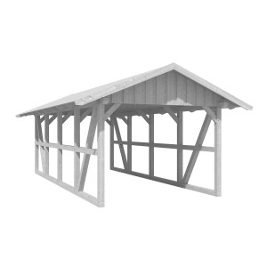Weißes Skan Holz Carport Schwarzwald mit Dachschalung, Fachwerkbauweise.