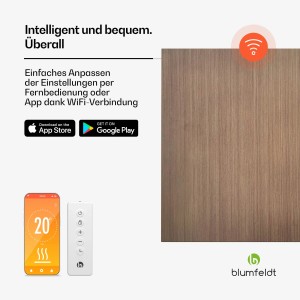 Blumfeldt Heat Square Infrarotheizung mit WiFi Steuerung und dunkler Holzoptik, inklusive App und Fernbedienung.