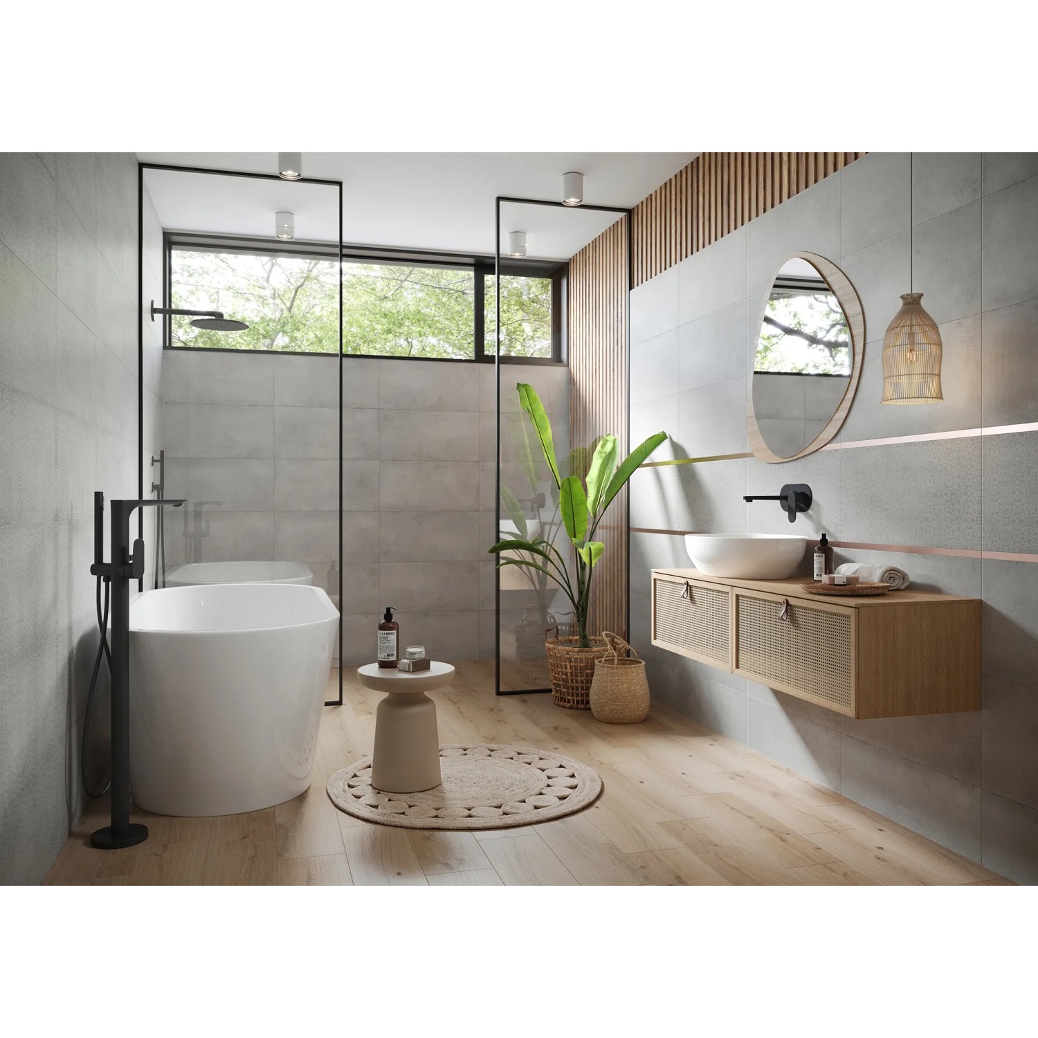 Badezimmer mit grauen Cersanit Trako Wandfliesen (29,8x59,8 cm) im modernen Boho-Stil.