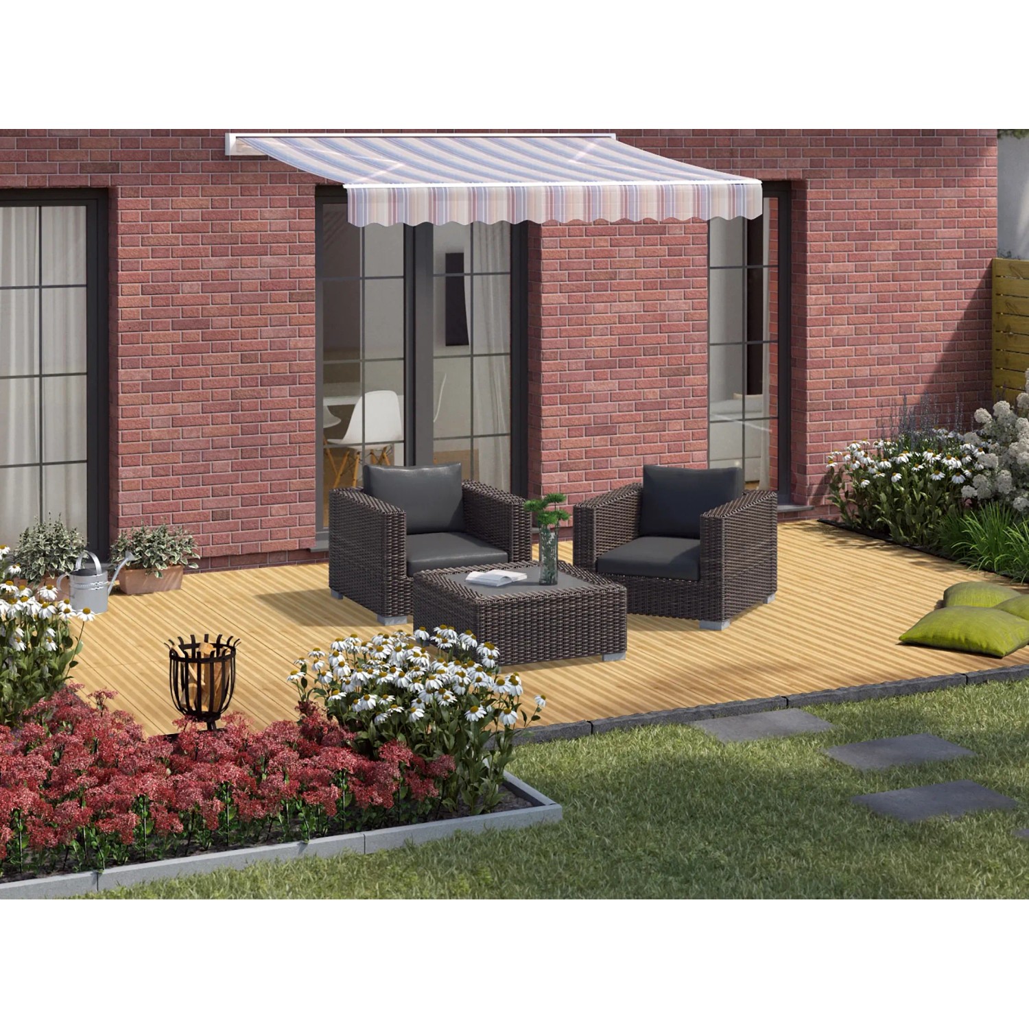 Terrasse mit Lärche Dielen, Gartenmöbeln und Markise vor Backsteinhaus.