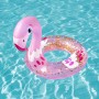 Glitzernder Bestway Schwimmring mit Flamingo-Design im Wasser.