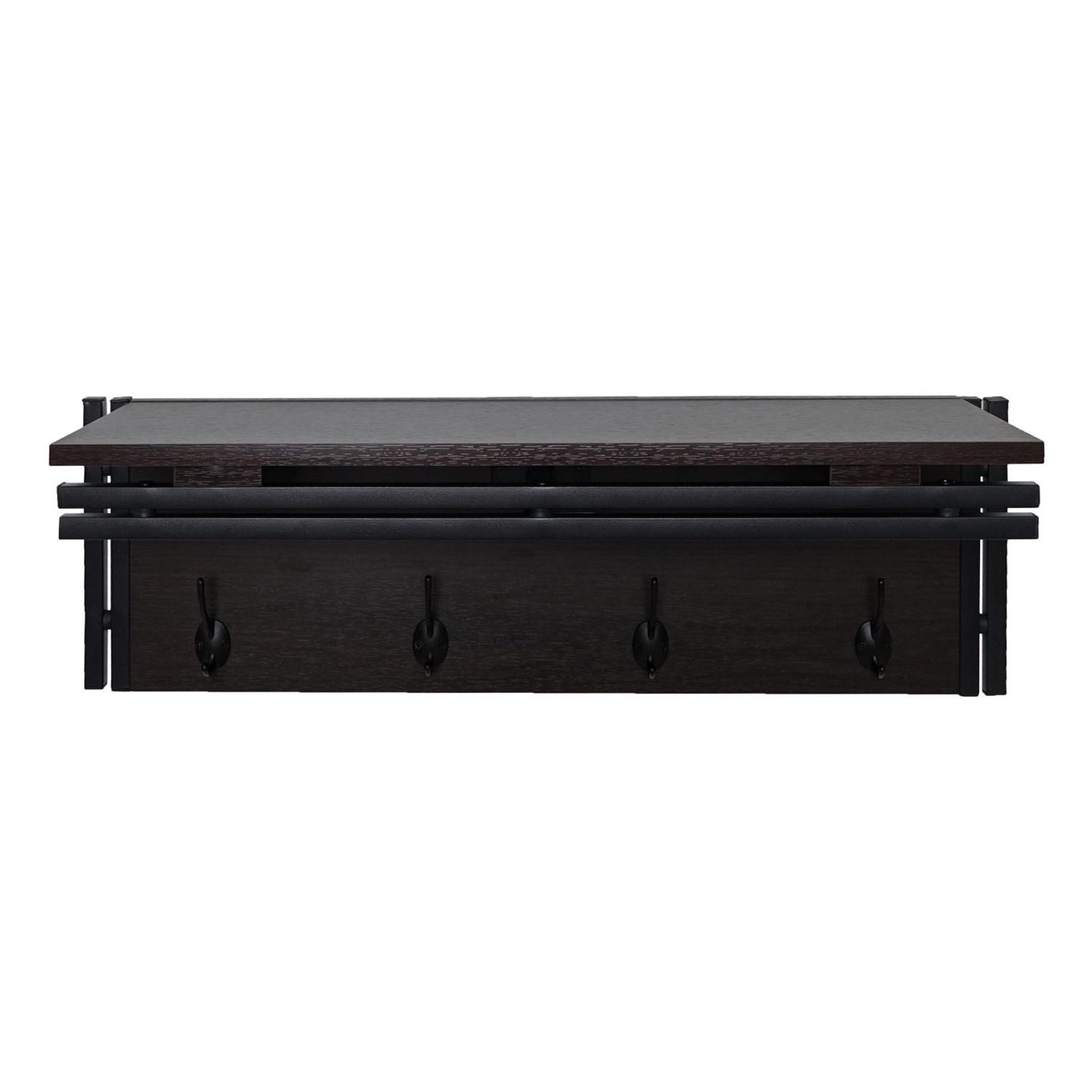 Dunkelbraunes MCW Wandpaneel A27 mit 4 Haken, Ablage und 3D-Struktur.