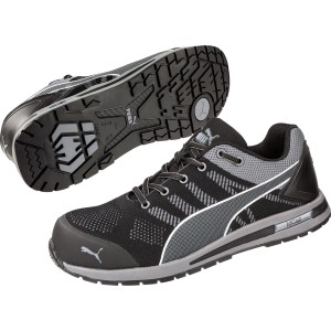 Puma Safety Elevate Knit Low S1P Arbeitsschuh, schwarz-grau, mit Fiberglaskappe und flexiblem Durchtrittschutz.