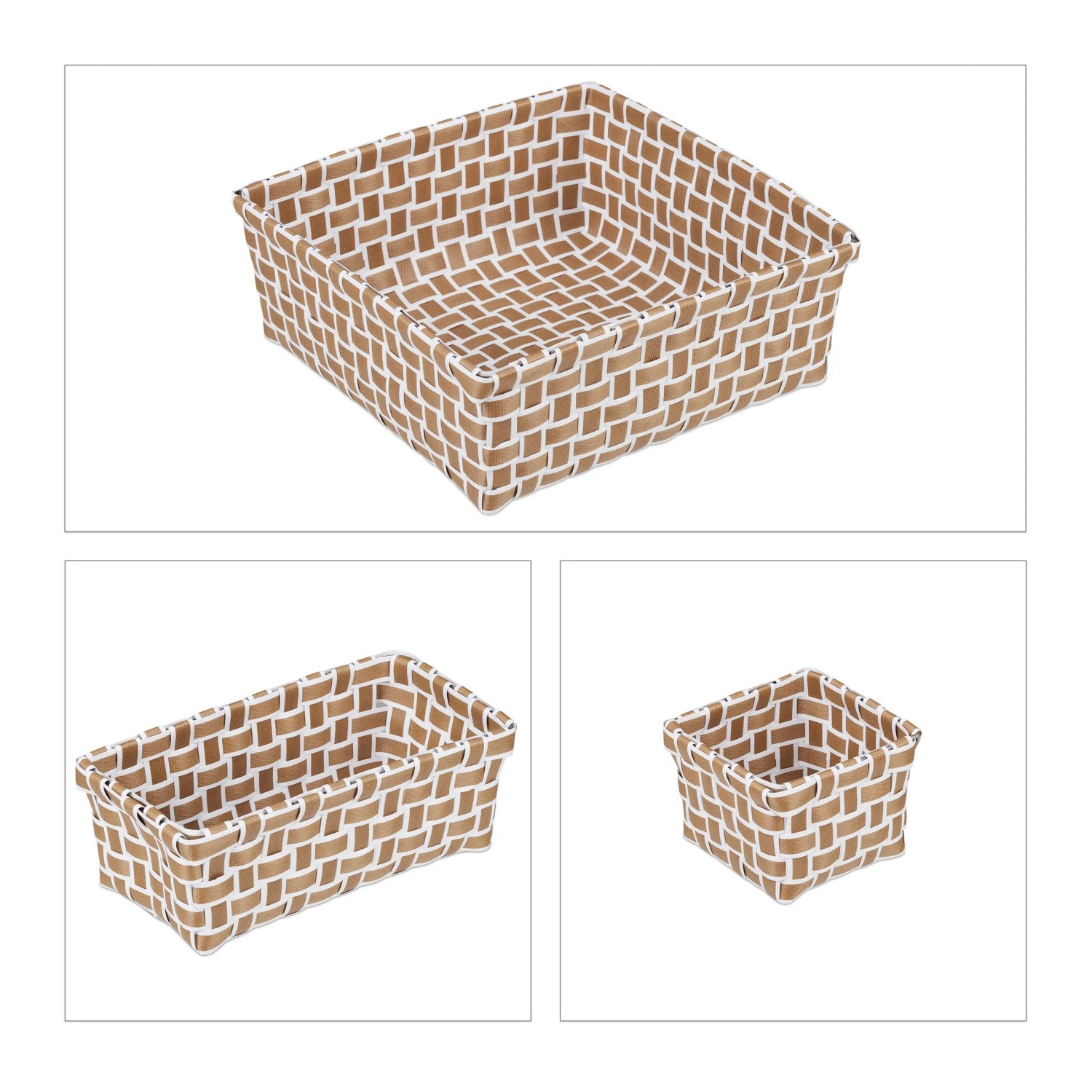 Relaxdays Aufbewahrungskorb 4er Set Geflochten PP Metall Weiß Braun Stapelbar 10 cm x 23,5 cm x 23,5 cm