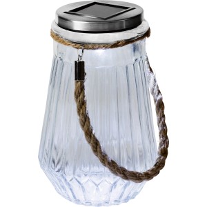 Transparente LED Solarleuchte im Dekoglas-Design mit Seil zum Aufhängen. Ideal für Garten und Balkon.